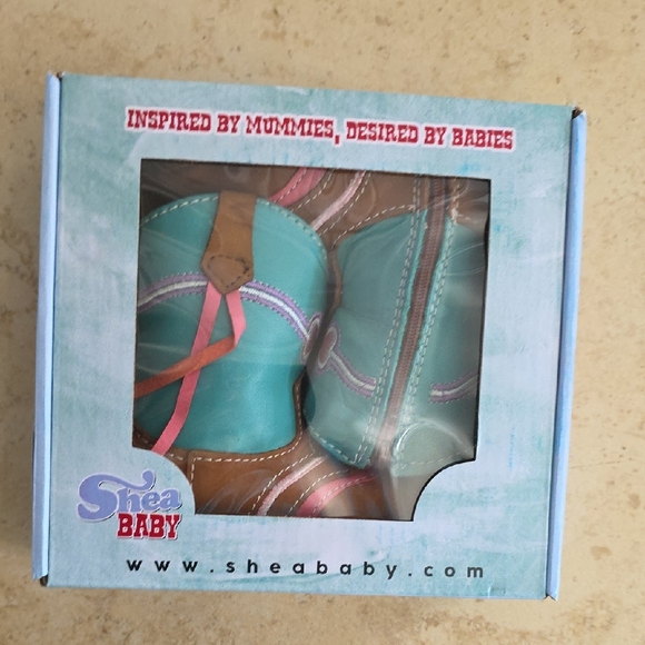 New In Box Shea Baby Hadley Heart Turquoise Pink Brown Leather Baby Boots Size 3 - Picture 2 of 6